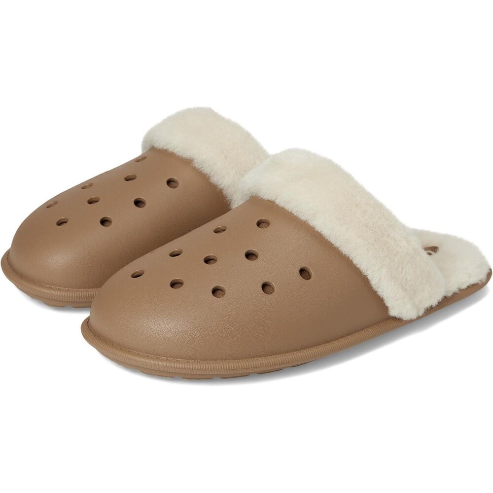 Crocs Classic‎ Fuzz Scuff Slippers M6 W8 Sepia Faux Fur Lining Croslite NWT